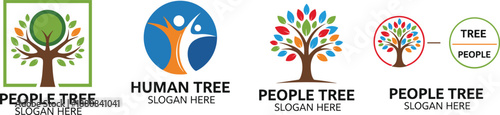 People tree logo collection, human nature concept with colorful leaves and figures, community growth branding vector illustration set for social