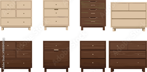 Vector illustration of modern wooden dressers and chest of drawers in various light and dark wood finishes isolated on white background for interior design projects