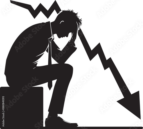 Stressed trader silhouette facing falling market graph anxiety concept vector