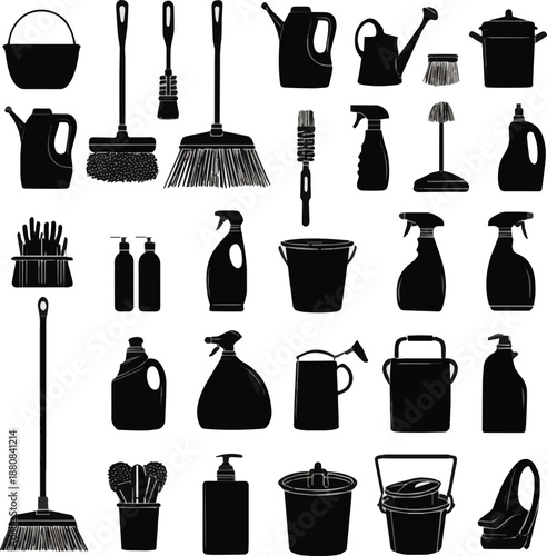 Generated on different kinds of Cleaning tools silhouette set vector illustration of household equipment for hygiene and housework