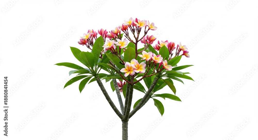 Obraz premium 鮮やかなピンクと黄色の花びらが特徴的なプルメリアの植物が柔らかな光に包まれ純粋な白背景に美しく映える熱帯の楽園から届いたような生命力あふれる瑞々しい花々の集合体がクリーンな印象を与える. AI Generated