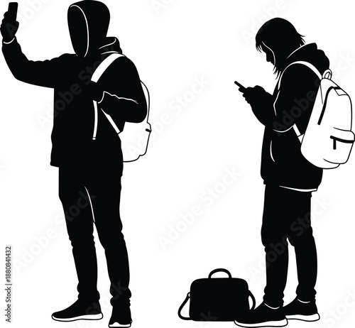 People silhouette, mobile phone use, black vector, backpack pose, modern lifestyle, tech behavior, youth activity, urban moment, digital interaction, minimal design