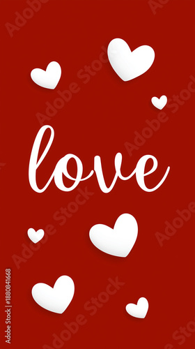 Love written in white surrounded by red hearts on red background