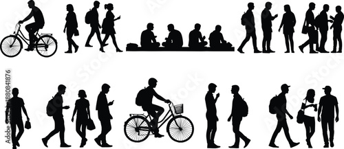 People silhouettes, public activity, walking pose, talking figures, bicycle rider, urban movement, social interaction, black vector, commuter scene, everyday life illustration