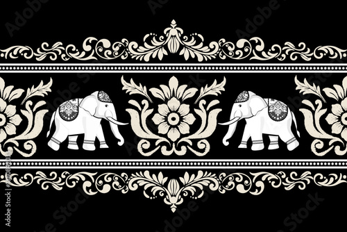 Canvas Print Damask Seamless Pattern Tribal Ethnic Elephant pattern border