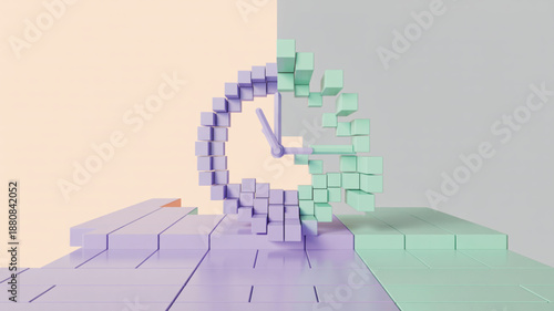 Disintegrating Clock Made of Cubes on Purple and Green Surface, 3D Rendering, Isometric View