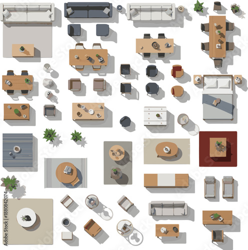 Generated on different kinds of comprehensive top-down collection of modern interior design furniture elements for architectural floor plans and home decor layouts on white background