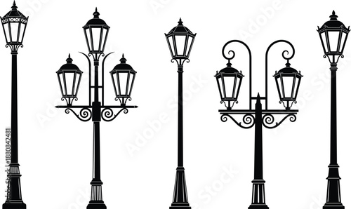 Vintage street lamps, black silhouette, urban lighting, garden lanterns, architectural elements, classic design, decorative poles, outdoor fixtures, lamp post vector, retro style