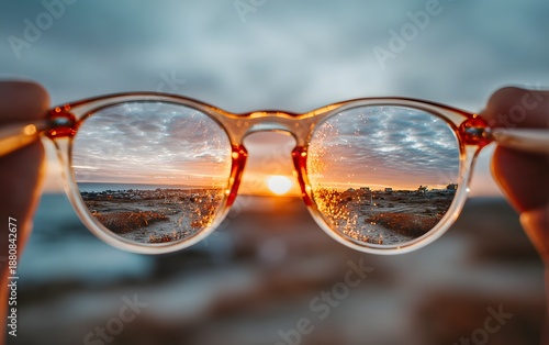 Hands holding eyeglasses to reveal a sharp sunset landscape against a blurred background.