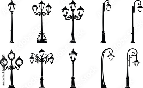 Vintage street lamps, black silhouette, urban lighting, garden lanterns, architectural elements, classic design, decorative poles, outdoor fixtures, lamp post vector, retro style