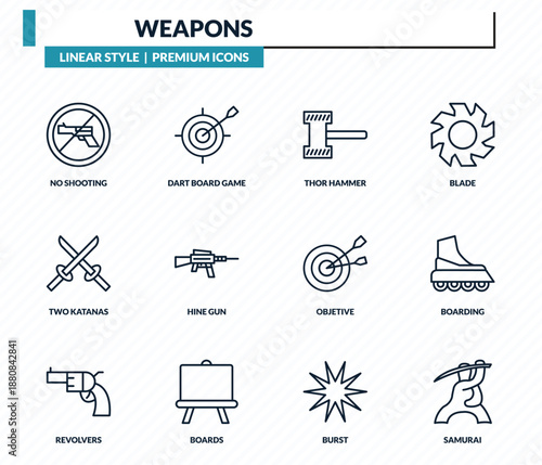 weapons icons set - no shooting, dart board game, thor hammer, boarding, samurai outline vector collection.