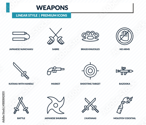 weapons icons set - japanese nunchaku, sabre, brass knuckles, bazooka, molotov cocktail outline vector collection.