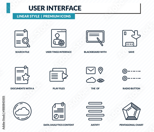 user interface icons set - search file, user tings interface, blackboard with, radio button, pentagonal chart outline vector collection.