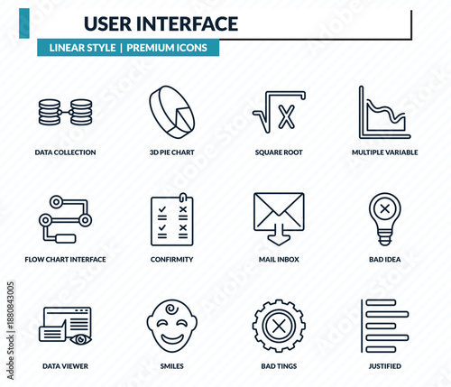 user interface icons set - data collection, 3d pie chart, square root, bad idea, justified outline vector collection.
