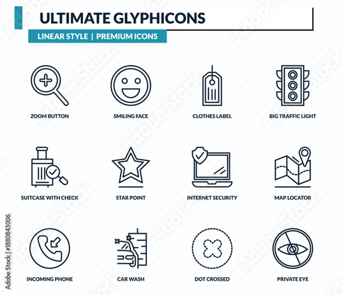 ultimate glyphicons icons set - zoom button, smiling face, clothes label, map locator, private eye outline vector collection.