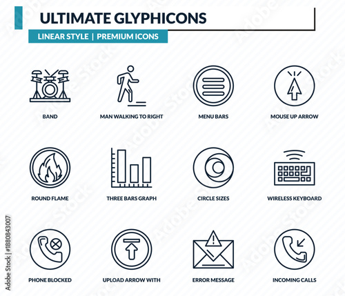 ultimate glyphicons icons set - band, man walking to right, menu bars, wireless keyboard, incoming calls outline vector collection.
