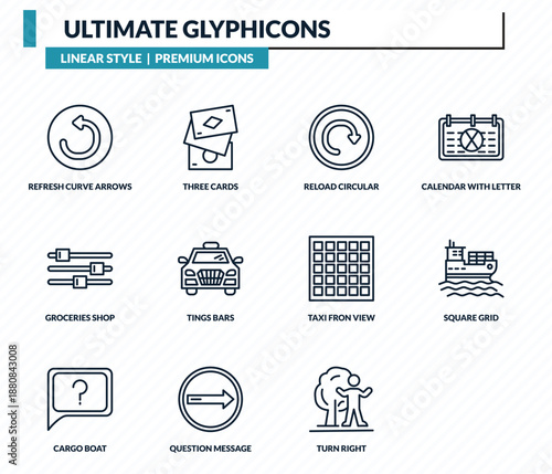 ultimate glyphicons icons set - refresh curve arrows, three cards, reload circular arrow, square grid, man and tree outline vector collection.