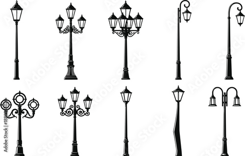 Vintage street lamps, silhouette vector, black illustration, urban lighting, garden lanterns, classic design, decorative poles, outdoor fixtures, lamp post styles, retro architecture