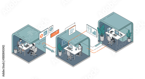 business process workflow depicting teams collaborating on data analysis and project management in modern digital office environments.
