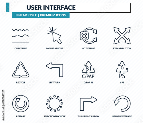 user interface icons set - curve line, mouse arrow, no tittling, 6 ps, reload webpage outline vector collection.