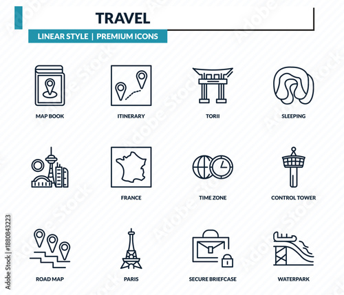 travel icons set - map book, itinerary, torii, control tower, waterpark outline vector collection.