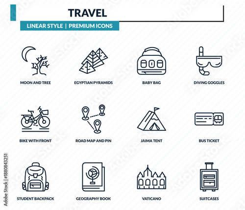 travel icons set - moon and tree, egyptian pyramids, baby bag, bus ticket, suitcases outline vector collection.