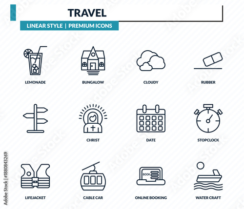 travel icons set - lemonade, bungalow, cloudy, stopclock, water craft outline vector collection.