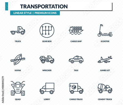 transportation icons set - truck, gear box, cargo ship, jumbo jet, cement truck outline vector collection.