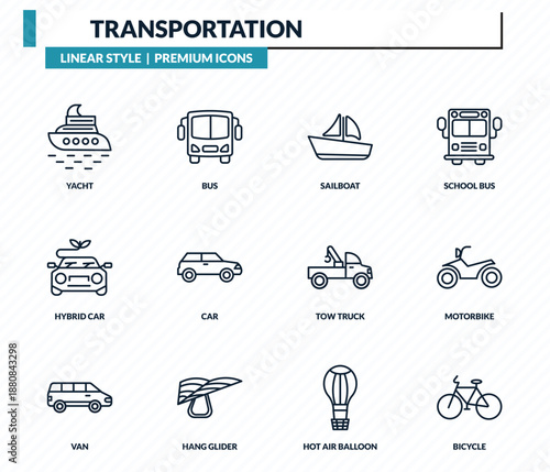transportation icons set - yacht, bus, sailboat, motorbike, bicycle outline vector collection.