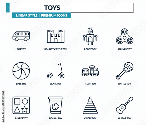 toys icons set - bus toy, bouncy castle toy, robot toy, rattle guitar outline vector collection.
