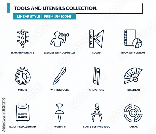 tools and utensils collection. icons set - semaphore lights, exercise with dumbbells, squad, tessen fan, radial outline vector collection.