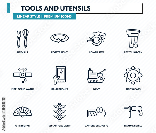 tools and utensils icons set - utensils, rotate right, power saw, tings gears, hammer drill outline vector collection.