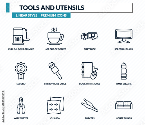 tools and utensils icons set - fuel oil bomb service, hot cup of coffee, firetruck, times square, house things outline vector collection.
