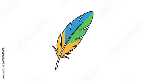 Colorful illustration of a single feather with blue, green, and yellow hues against a white background.