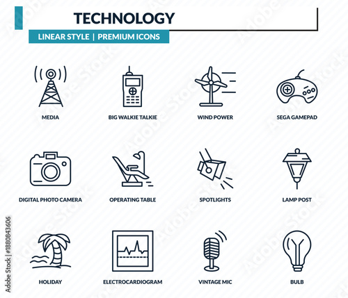 technology icons set - media, big walkie talkie, wind power, lamp post, bulb outline vector collection.