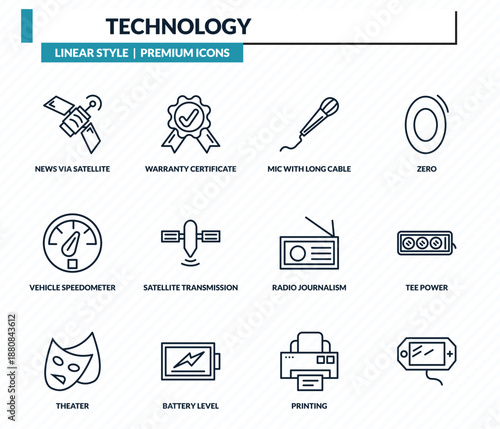technology icons set - news via satellite, warranty certificate, mic with long cable, tee power, outline vector collection.