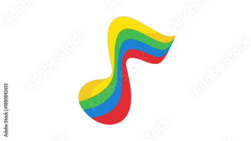 A colorful, wavy graphic design with yellow, green, blue, and red stripes on a white background.