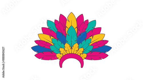 Colorful feathered headdress with pink, yellow, blue and green feathers on a white background.