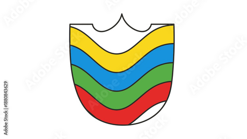 A colorful abstract illustration of layered wavy lines in red, green, blue, yellow on white background.