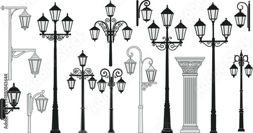 Vintage street lamps, wall lanterns, classical column, black silhouette, ornate lighting, architectural decor, retro design, outdoor fixtures, urban elements, vector illustration