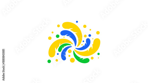 A colorful graphic design element featuring swirling blue, green, and yellow shapes with smaller dots on a white background, created with abstract artistic technique.