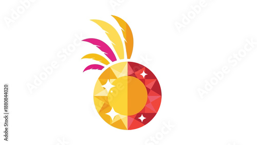 Vibrant graphic design element featuring a stylized pomegranate with stars and colorful rays on a white background.
