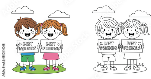 Cute boy and girl holding best friends signs with coloring page outline vector illustration