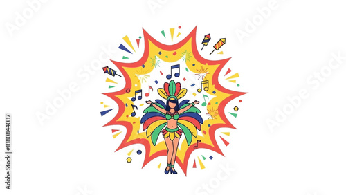 Vibrant illustration of a dancing figure surrounded by colorful shapes and musical notes on a white background with a lively and festive mood.