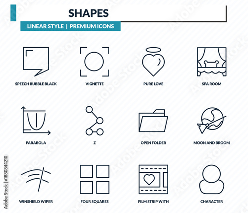 shapes icons set - speech bubble black, vignette, pure love, moon and broom, character outline vector collection.