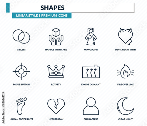 shapes icons set - circles, handle with care, mongolian, fire over line, clear night outline vector collection.