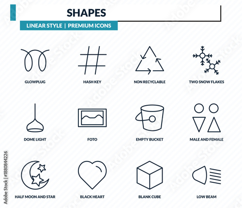 shapes icons set - glowplug, hash key, non recyclable, male and female, low beam outline vector collection.