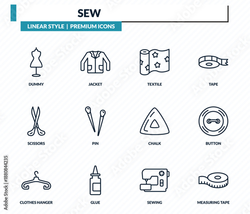 sew icons set - dummy, jacket, textile, button, measuring tape outline vector collection.