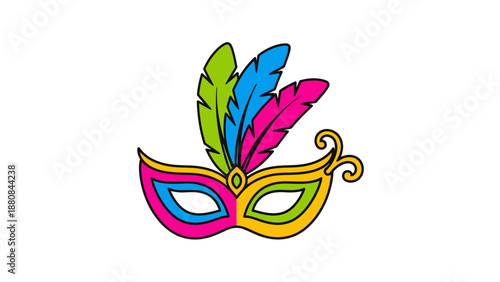 Colorful Mardi Gras mask with feathers on a white background in a flat lay composition with vibrant tones.