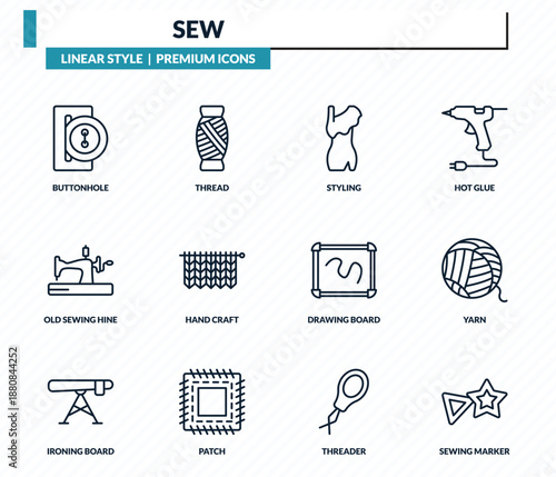 sew icons set - buttonhole, thread, styling, yarn, sewing marker outline vector collection.